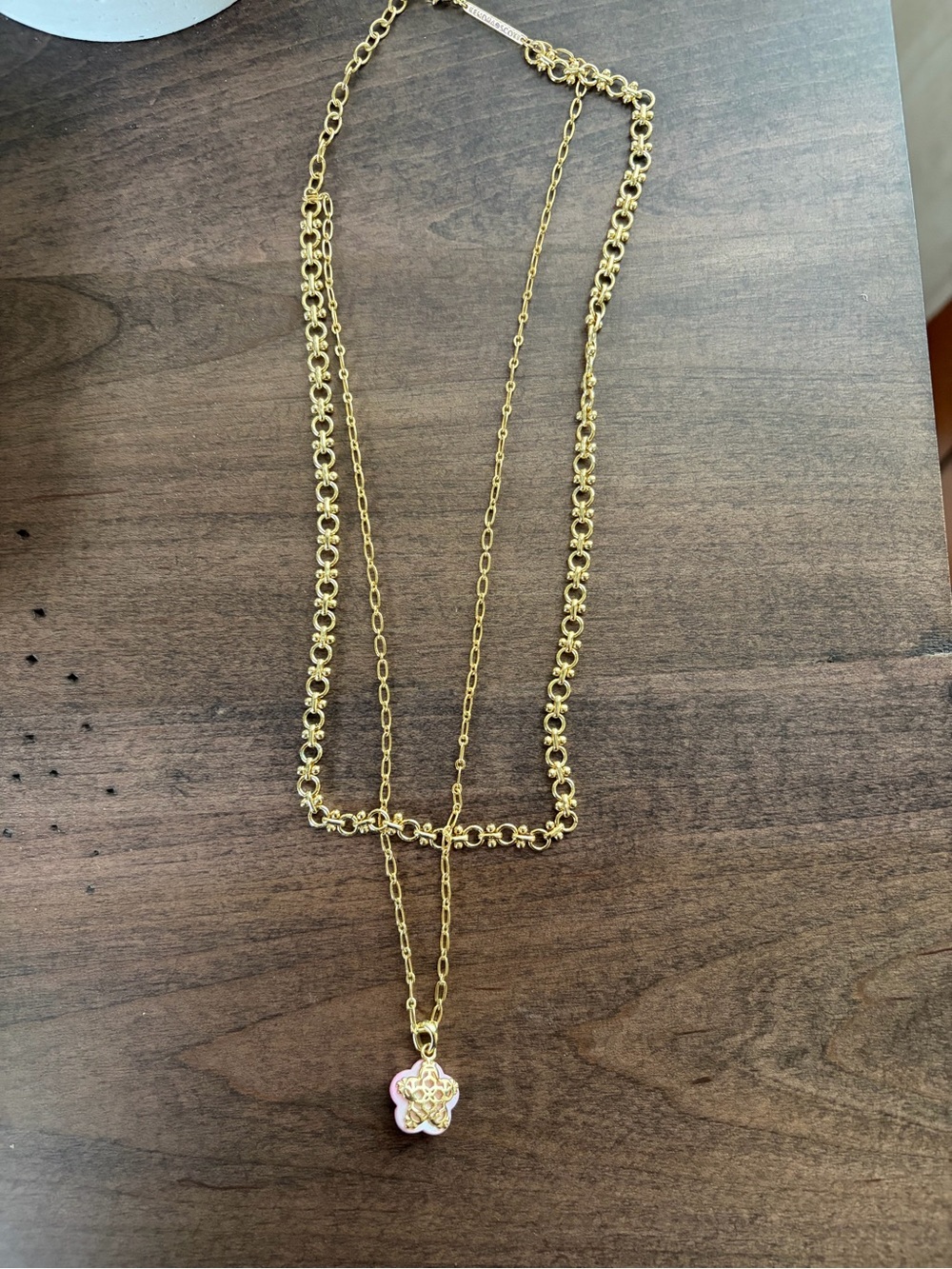 Kendra Scott Gold Layered Flower Pendant Necklace with Pink Accent